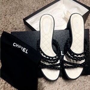 Chanel Black Beaded Slide Sandals - Women's 37.5 crackled LAMBSKIN mules